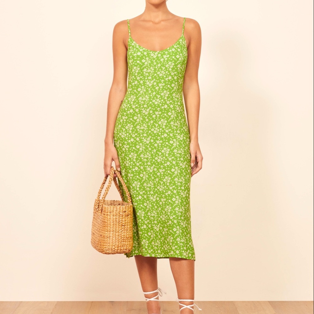 Reformation Halsten Dress Size 0 Green Floral Spaghetti Strap Dress - Like New